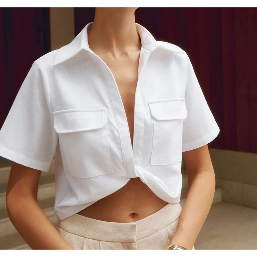 Chic White Cropped Button-Up Shirt Short Sleeve Collared Summer Top‎